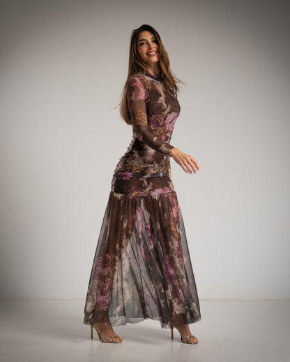 VESTIDO DROPEADO TUL FLORES M/R