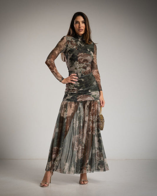 VESTIDO DROPEADO TUL FLORES M/V